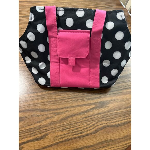 Blue white polka dotted bag with pink handles - Picture 3 of 13